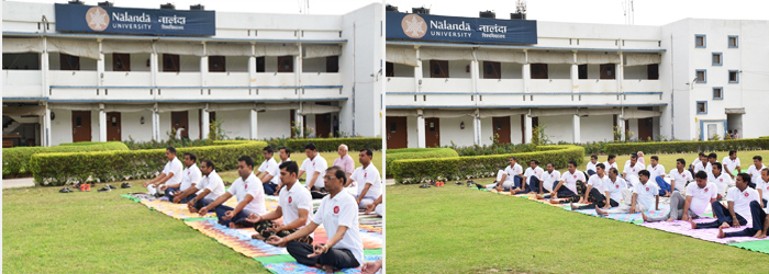 Staff of Nalanda University performing Yoga
