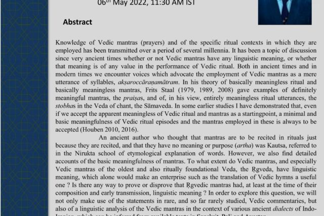 Lecture by Professor Jan E.M. Houben on  “Vedic mantras, Vedic language and Sanskrit, Pali and Avestan”